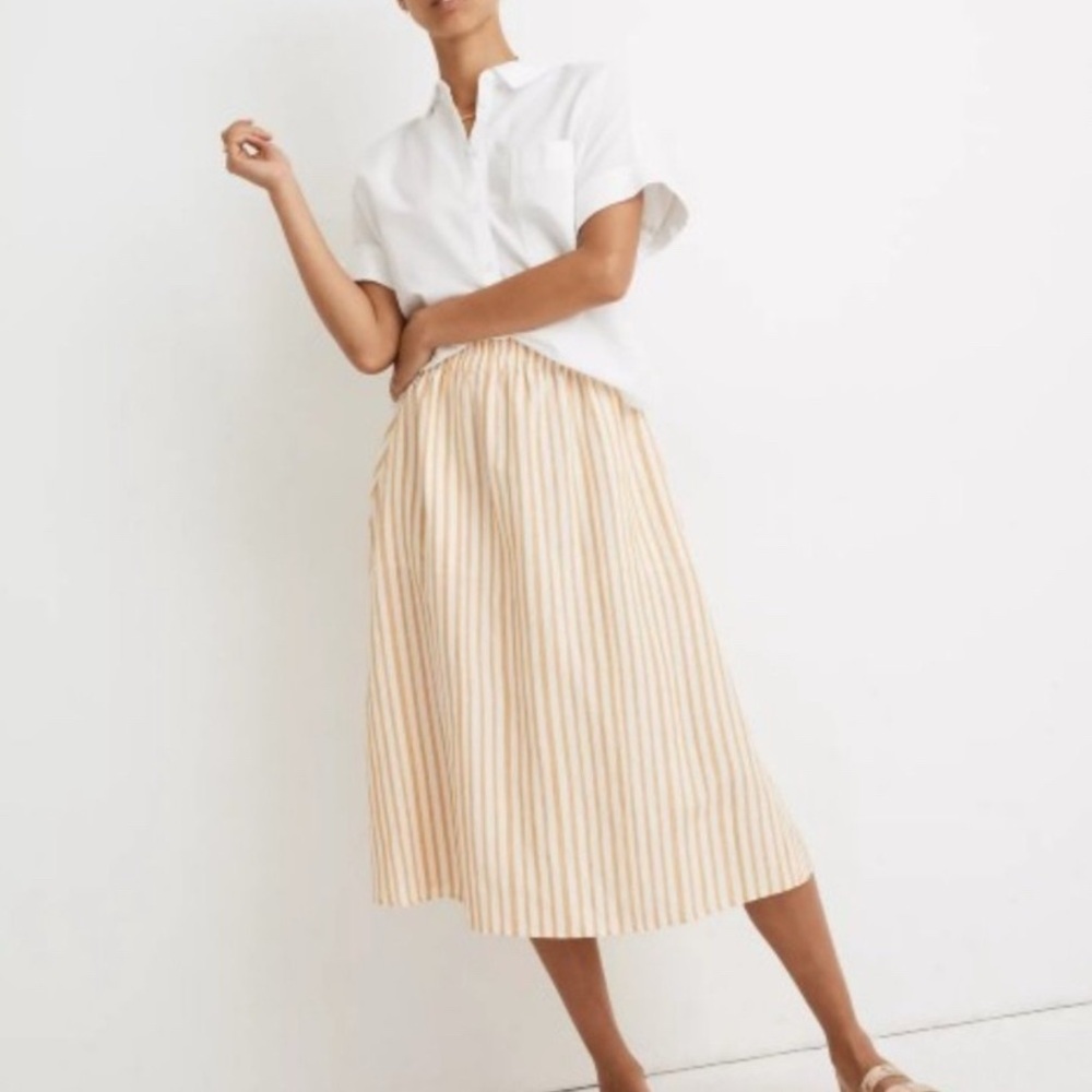 Madewell EUC‎ Smocked Waist Midi Skirt Linen Blend Yellow Stripes Size XL